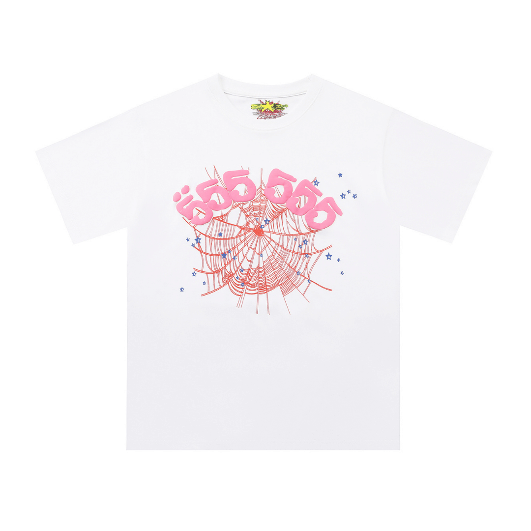 SP5DER T-SHIRT - 555 PINK WEB - WHITE