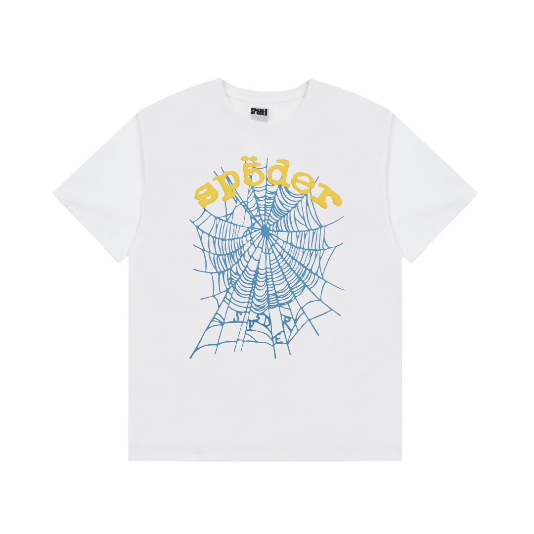 SP5DER T-SHIRT - GOLD TEXT BLUE WEB - BLACK