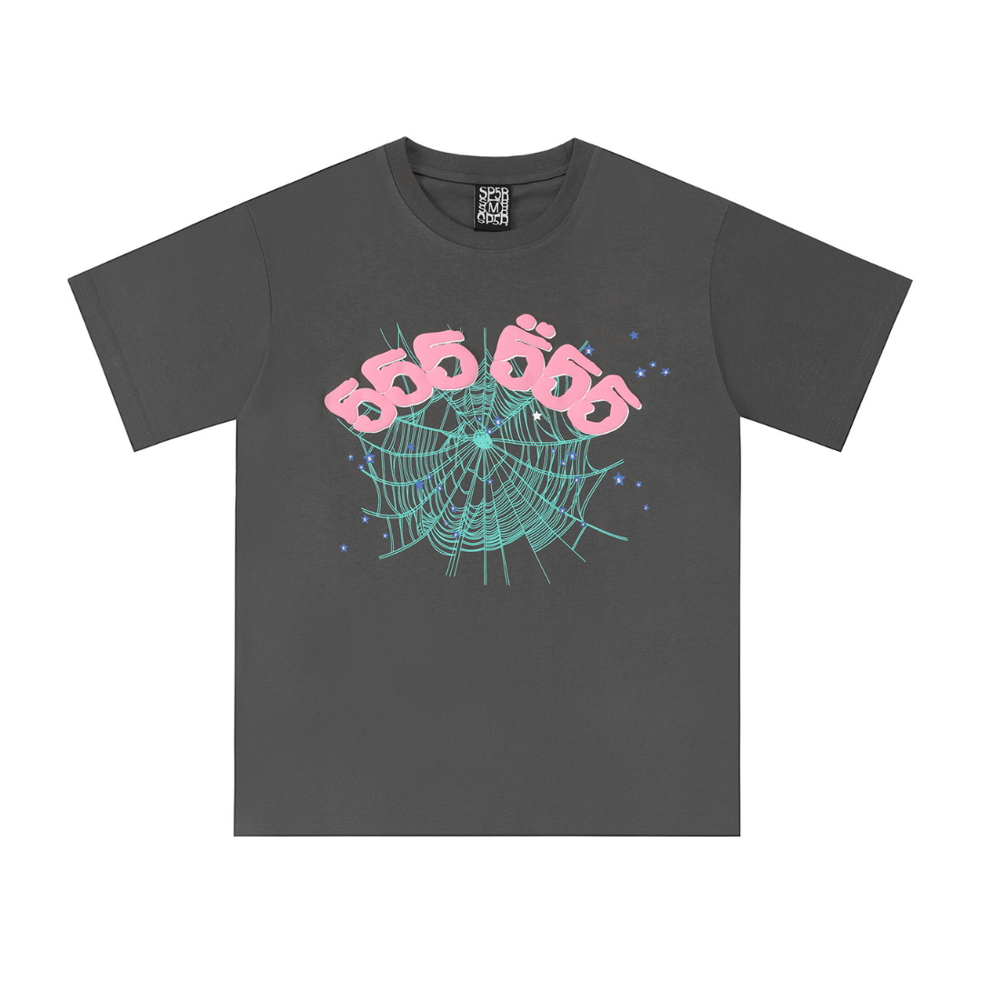 SP5DER T-SHIRT - 555 PINK WEB - GREY