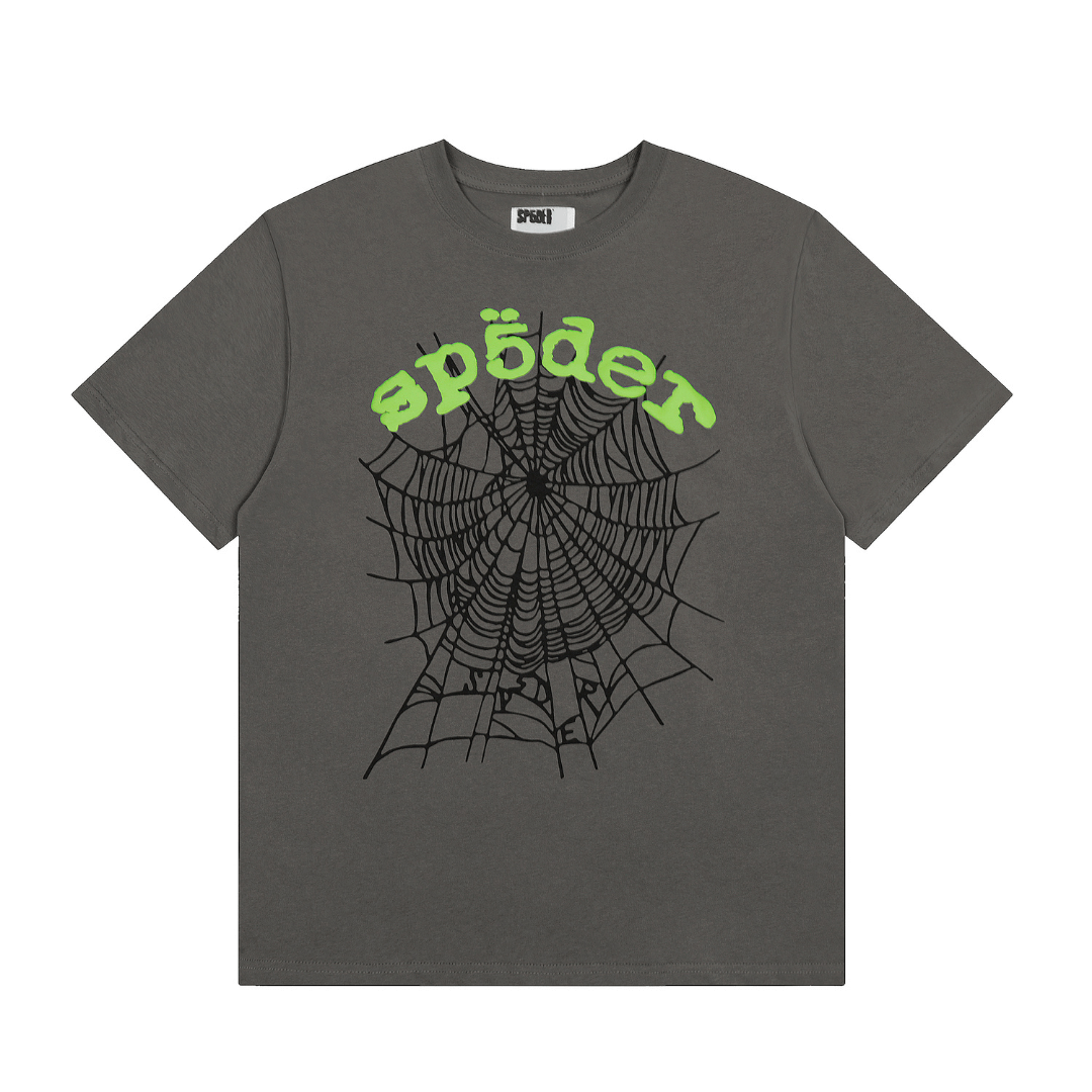 SP5DER T-SHIRT -  GREEN TEXT WEB - GREY