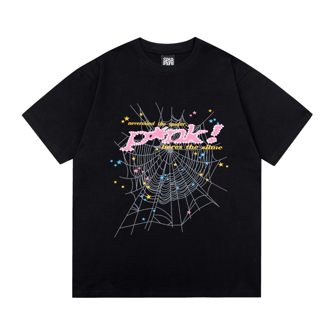 SP5DER T-SHIRT -  PINK TEXT  WEB - BLACK