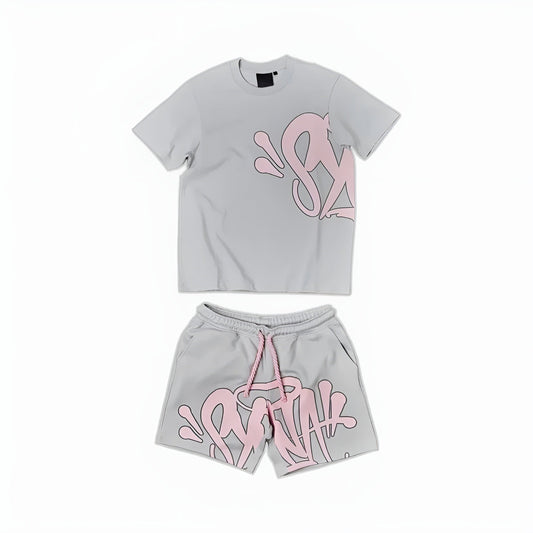 Graffiti Shorts Set Grey X Pink